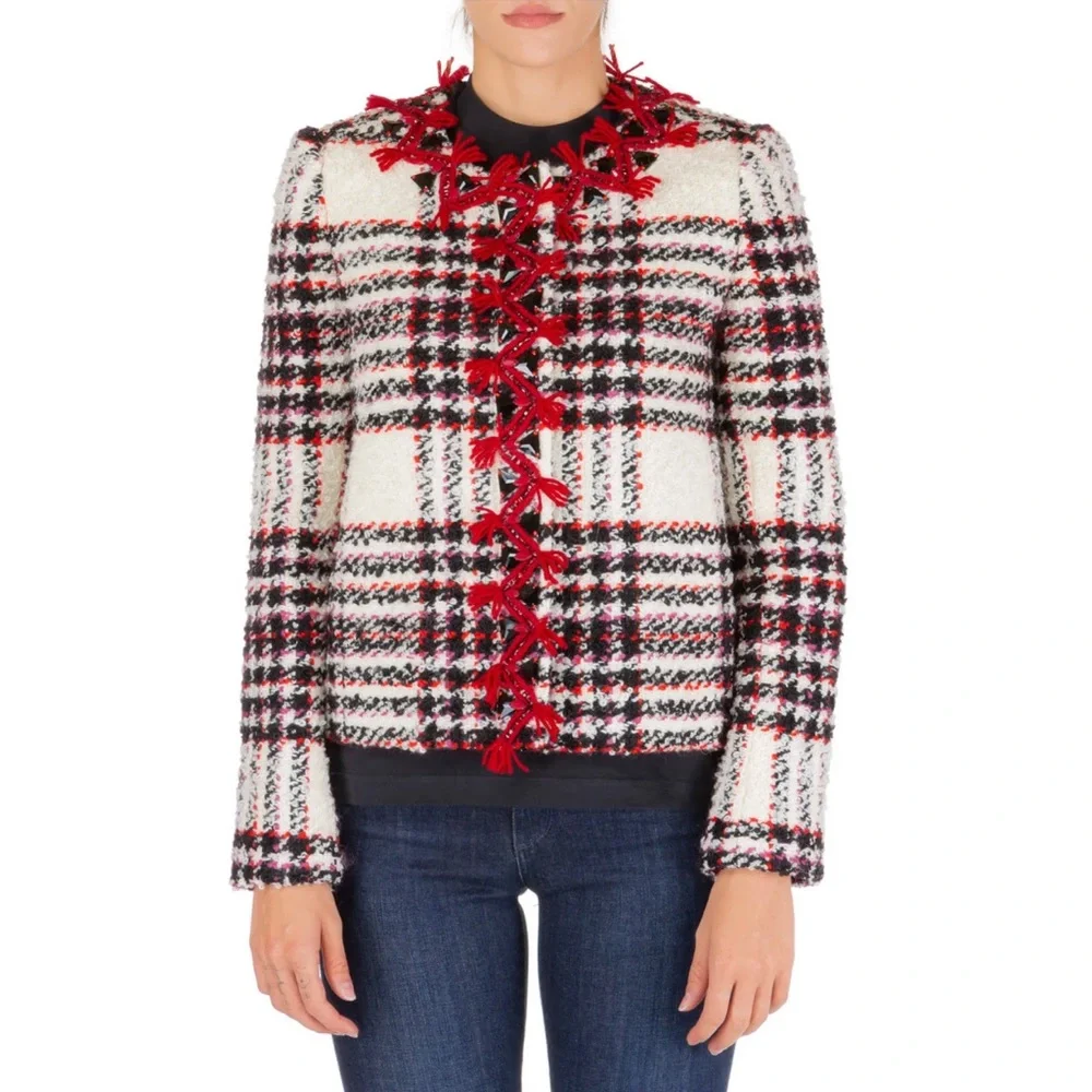 TORY‎ BURCH Embroidered Crystal Buttons Tweed Jacket In White